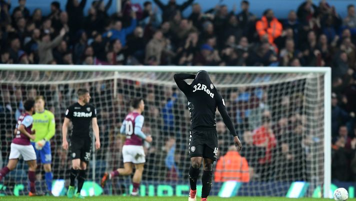 BIRMINGHAM, ENGLAND - APRIL 13: Caleb Ekuban of Leeds reacts to Aston Villa's first goal during the Sky Bet Championship match between Aston Villa and Leeds United at Villa Park on April 13, 2018 in Birmingham, England. (Photo by Michael Regan/Getty Images) BIRMINGHAM, ENGLAND - APRIL 13: Caleb Ekuban of Leeds reacts to Aston Villa's first goal during the Sky Bet Championship match between Aston Villa and Leeds United at Villa Park on April 13, 2018 in Birmingham, England. (Photo by Michael Regan/Getty Images)
