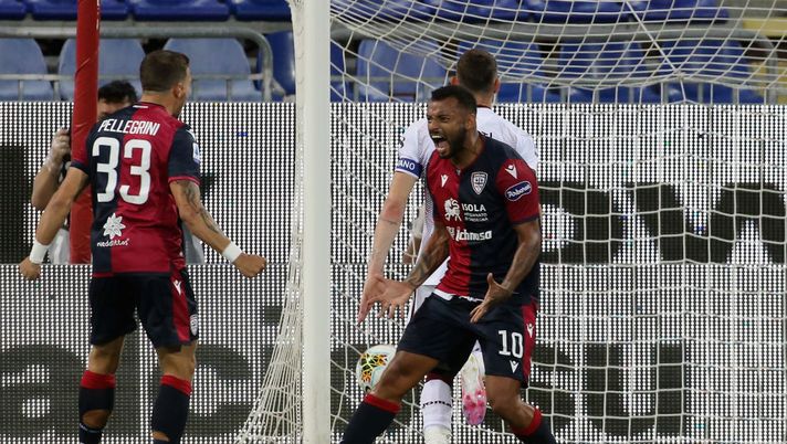 CAGLIARI, ITALY - JUNE 27:  Joao Pedro of Cagliari celebrates his goal 4-2  during the Serie A match between Cagliari Calcio and  Torino FC at Sardegna Arena on June 27, 2020 in Cagliari, Italy.  (Photo by Enrico Locci/Getty Images) 