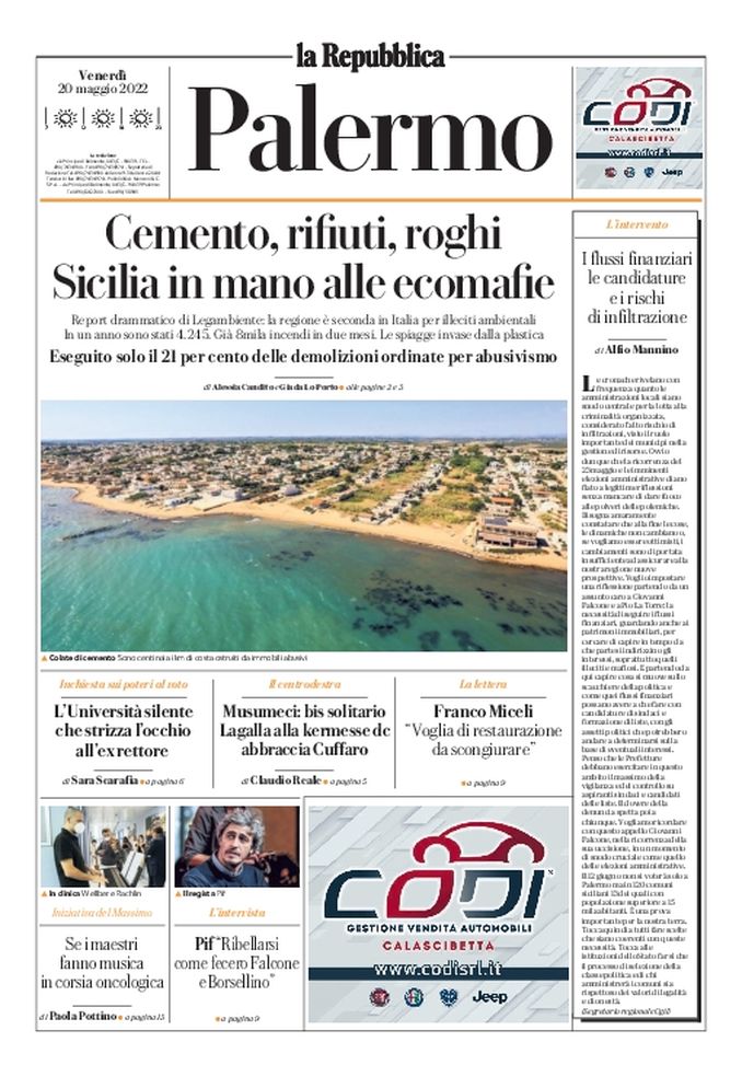 Prima Pagina, La Repubblica-Palermo: “Sicilia in mano alle ecomafie” Prima Pagina, La Repubblica-Palermo: “Sicilia in mano alle ecomafie” - immagine 1