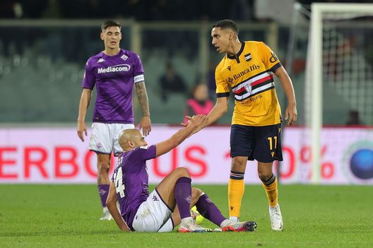 FLORENCE, ITALY - JANUARY 12: Sofyan Amrabat of ACF Fiorentina and Abdelhamid Sabiri of UC Sampdoria during the Coppa Italia match between ACF Fiorentina and UC Sampdoria at Stadio Artemio Franchi on January 12, 2023 in Florence, Italy. (Photo by Gabriele Maltinti/Getty Images) amrabat sabiri