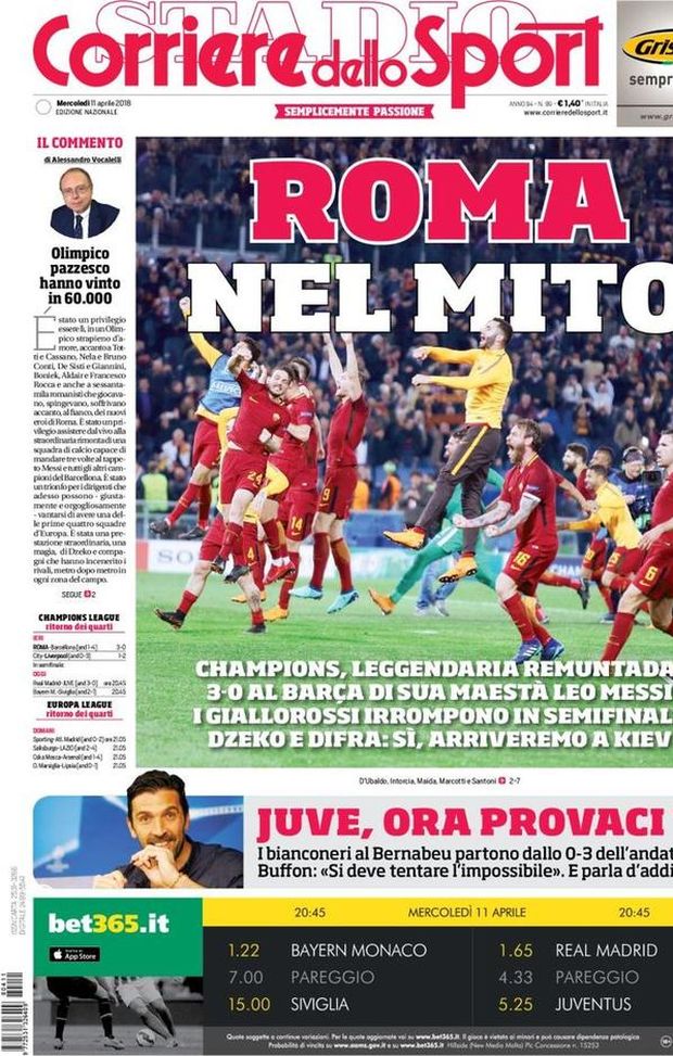 Prima Pagina, Corriere dello Sport: “Roma nel mito. Juve, ora provaci tu” 