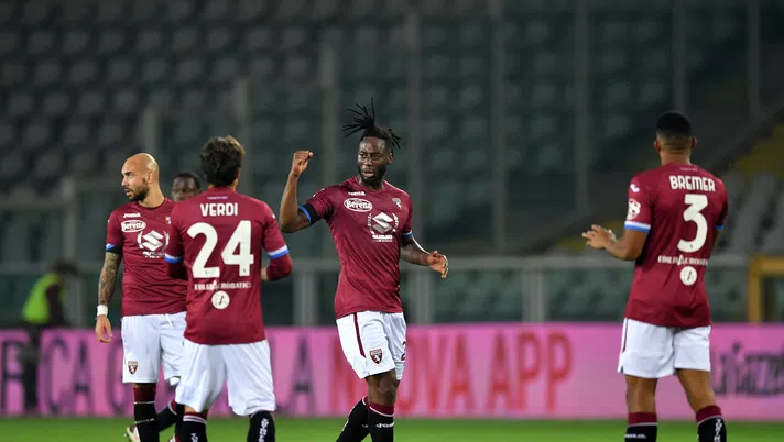 TURIN, ITALY - NOVEMBER 30: Soualiho Meite of Torino F.C.  celebrates after scoring his sides second goal during the Serie A match between Torino FC and UC Sampdoria at Stadio Olimpico di Torino on November 30, 2020 in Turin, Italy. Sporting stadiums around Italy remain under strict restrictions due to the Coronavirus Pandemic as Government social distancing laws prohibit fans inside venues resulting in games being played behind closed doors. (Photo by Valerio Pennicino/Getty Images)