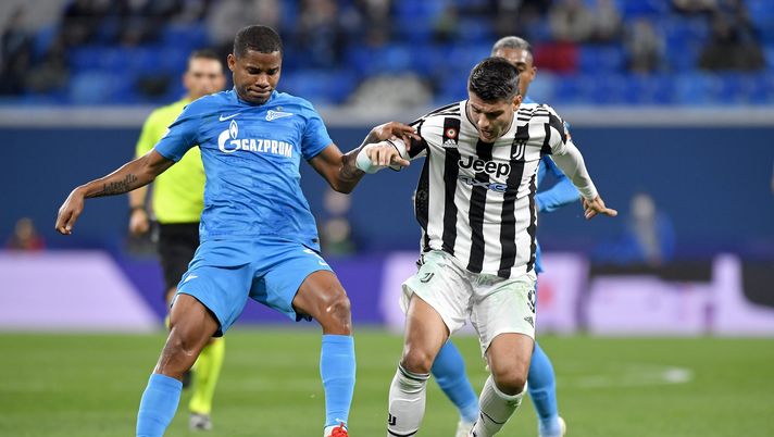 SAINT PETERSBURG, RUSSIA - OCTOBER 20: Alvaro Morata of Juventus is challenged by Wilamr Barrios of Zenit St. Petersburg during the UEFA Champions League group H match between Zenit St. Petersburg and Juventus at Gazprom Arena on October 20, 2021 in Saint Petersburg, Russia. (Photo by Filippo Alfero - Juventus FC/Juventus FC via Getty Images) SAINT PETERSBURG, RUSSIA - OCTOBER 20: Alvaro Morata of Juventus is challenged by Wilamr Barrios of Zenit St. Petersburg during the UEFA Champions League group H match between Zenit St. Petersburg and Juventus at Gazprom Arena on October 20, 2021 in Saint Petersburg, Russia. (Photo by Filippo Alfero - Juventus FC/Juventus FC via Getty Images)