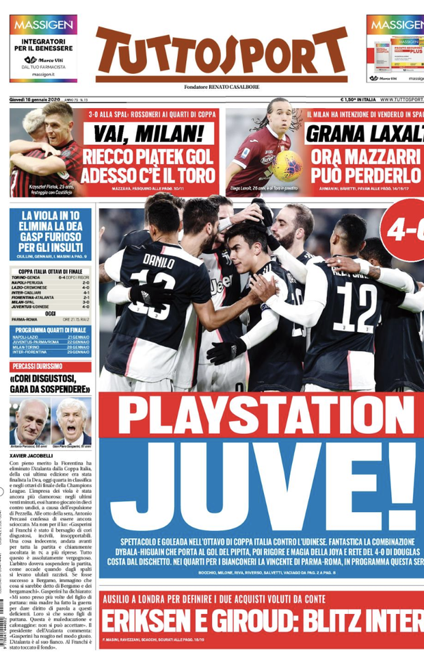 LE PRIME PAGINE DEI QUOTIDIANI SPORTIVI DEL 16.1