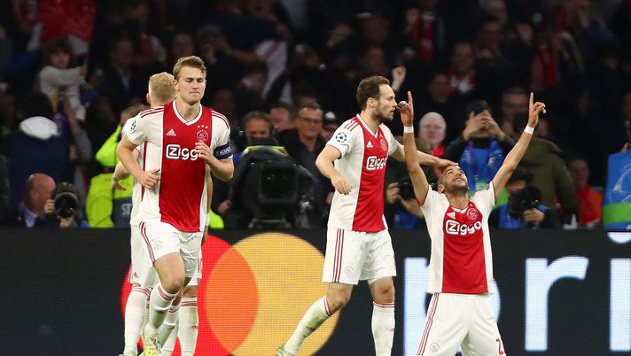 AMSTERDAM, NETHERLANDS - MAY 08: Hakim Ziyech of Ajax celebrates after scoring his team's second goal with Daley Blind of Ajax during the UEFA Champions League Semi Final second leg match between Ajax and Tottenham Hotspur at the Johan Cruyff Arena on May 08, 2019 in Amsterdam, Netherlands. (Photo by Dean Mouhtaropoulos/Getty Images) AMSTERDAM, NETHERLANDS - MAY 08: Hakim Ziyech of Ajax celebrates after scoring his team's second goal with Daley Blind of Ajax during the UEFA Champions League Semi Final second leg match between Ajax and Tottenham Hotspur at the Johan Cruyff Arena on May 08, 2019 in Amsterdam, Netherlands. (Photo by Dean Mouhtaropoulos/Getty Images)