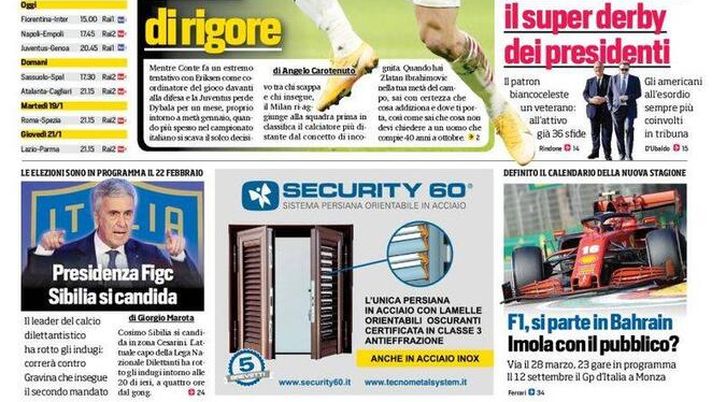 Prima Pagina, Corriere dello Sport: “Ibra è tornato, Milan di rigore. Inter-Juve, pronti via”  Prima Pagina, Corriere dello Sport: “Ibra è tornato, Milan di rigore. Inter-Juve, pronti via”