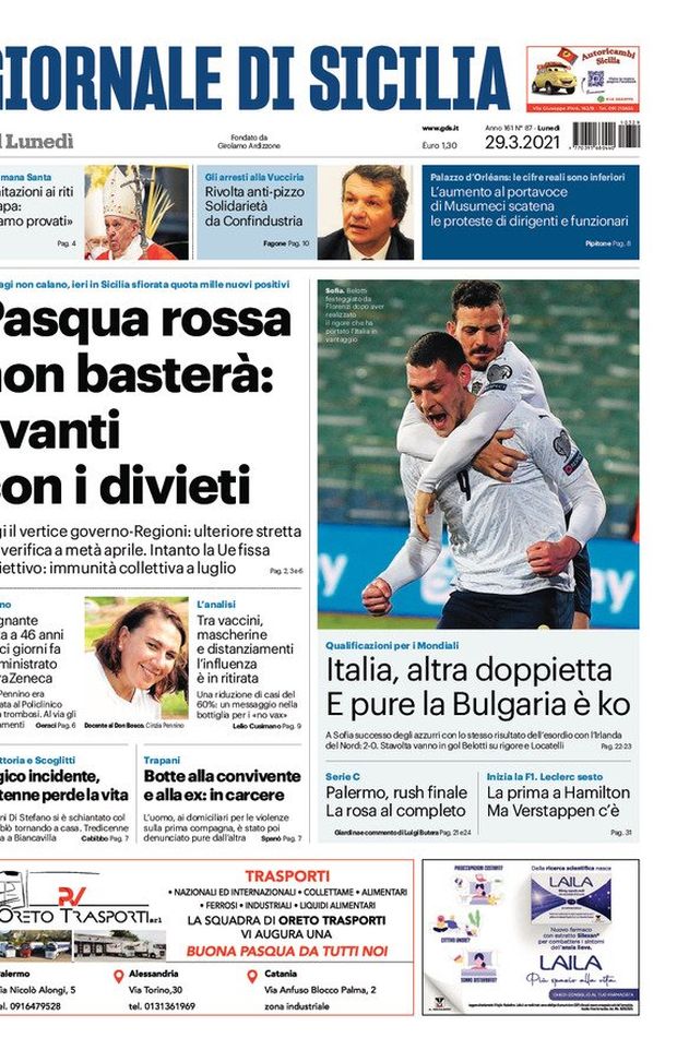 Prima Pagina, Giornale di Sicilia: &#8220;Pasqua rossa non basterà: avanti con i divieti&#8221; 