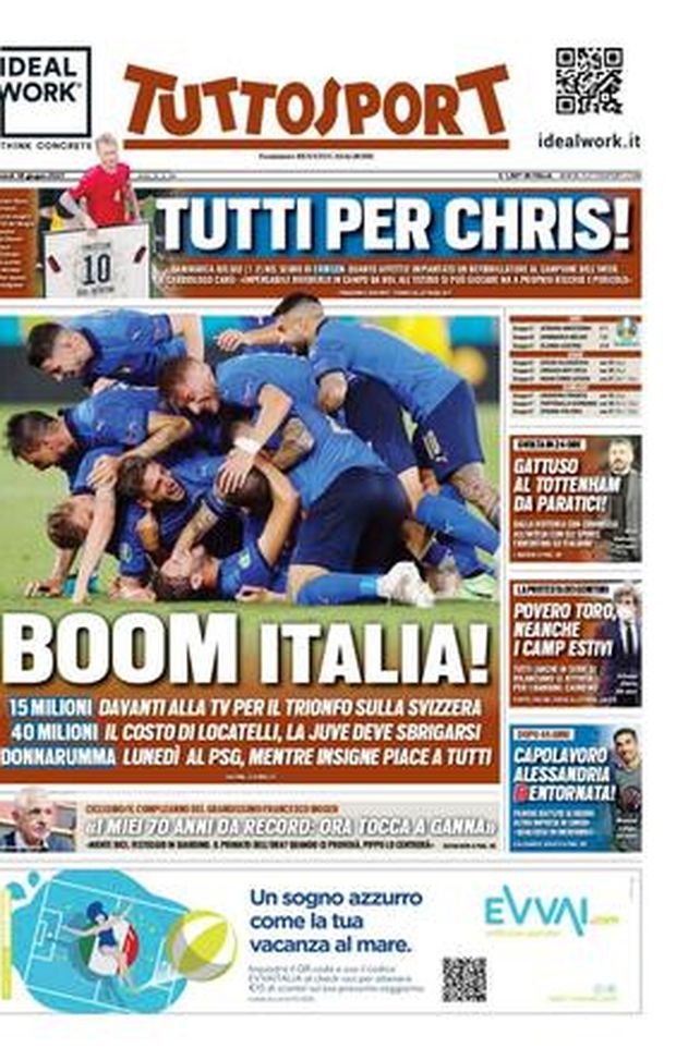 Prima Pagina, Tuttosport: “Boom Italia. Tutti per Chris!” 