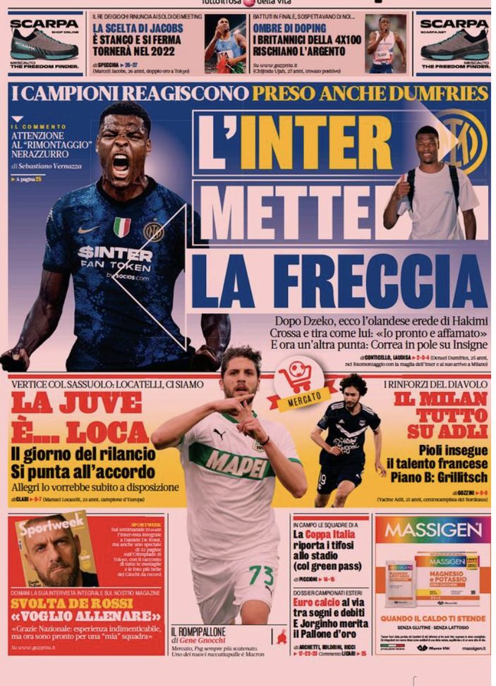 Prima Pagina, La Gazzetta dello Sport: “L’Inter mette la freccia” Prima Pagina, La Gazzetta dello Sport: “L’Inter mette la freccia”
