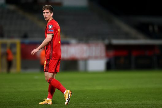LEUVEN, BELGIUM - MARCH 30: Dennis Praet of Belgium in action during the FIFA World Cup 2022 Qatar qualifying match between Belgium and Belarus at The King Power Stadium, Den Dreef on March 30, 2021 in Leuven, Belgium. Sporting stadiums around Belgium remain under strict restrictions due to the Coronavirus Pandemic as Government social distancing laws prohibit fans inside venues resulting in games being played behind closed doors. (Photo by Dean Mouhtaropoulos/Getty Images) LEUVEN, BELGIUM - MARCH 30: Dennis Praet of Belgium in action during the FIFA World Cup 2022 Qatar qualifying match between Belgium and Belarus at The King Power Stadium, Den Dreef on March 30, 2021 in Leuven, Belgium. Sporting stadiums around Belgium remain under strict restrictions due to the Coronavirus Pandemic as Government social distancing laws prohibit fans inside venues resulting in games being played behind closed doors. (Photo by Dean Mouhtaropoulos/Getty Images)