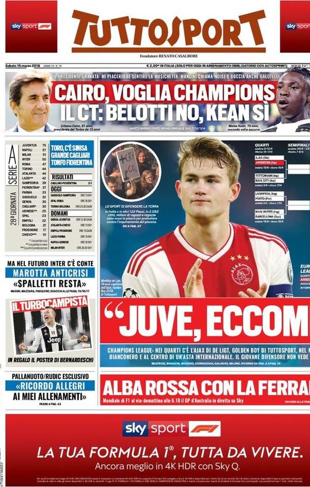 Prima Pagina, Tuttosport: “Juve, eccomi! Cairo, voglia Champions. Belotti no, Kean sì. Marotta anticrisi” Prima Pagina, Tuttosport: “Juve, eccomi! Cairo, voglia Champions. Belotti no, Kean sì. Marotta anticrisi”