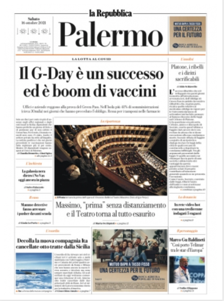 Prima Pagina, La Repubblica Palermo: “Il G-Day è un successo, è boom di vaccini” - immagine 1