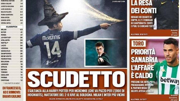 Prima pagina, Tuttosport: “Maghetto Scudetto. McKennie, esultante alla Harry Potter e la Juve va” 