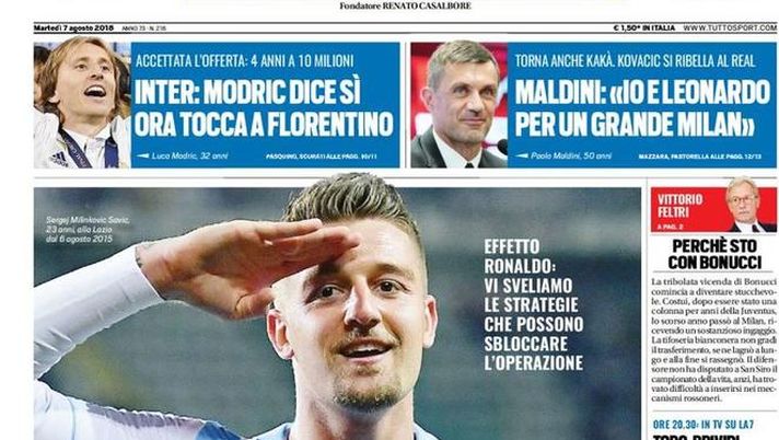Prima Pagina, Tuttosport: “Juve, la strada per Milinkovic. Dal caso Chievo alla Serie C, caos calendari. Inter, Modric dice sì…” 