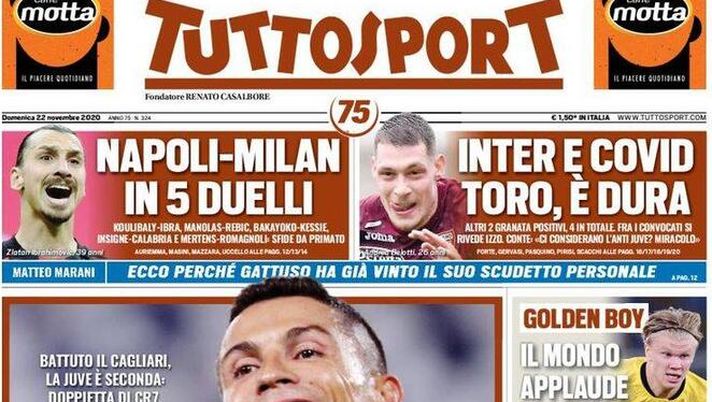 La prima pagina di Tuttosport, in edicola oggi 22 novembre 2020 