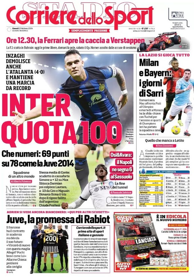 EDICOLA / CdS: Inter, quota 100. Che numeri, per Inzaghi marcia record - immagine 1
