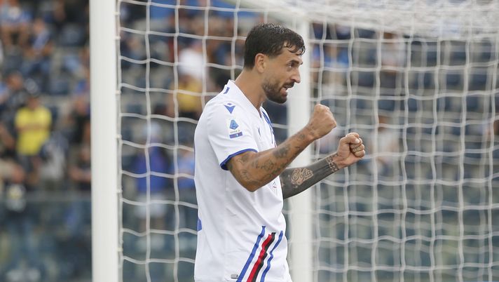 EMPOLI, ITALY - SEPTEMBER 19: Francesco Caputo of UC Sampdoria celebrates after scoring a goal during the Serie A match between Empoli FC and UC Sampdoria at Stadio Carlo Castellani on September 19, 2021 in Empoli, Italy. (Photo by Gabriele Maltinti/Getty Images) EMPOLI, ITALY - SEPTEMBER 19: Francesco Caputo of UC Sampdoria celebrates after scoring a goal during the Serie A match between Empoli FC and UC Sampdoria at Stadio Carlo Castellani on September 19, 2021 in Empoli, Italy. (Photo by Gabriele Maltinti/Getty Images)