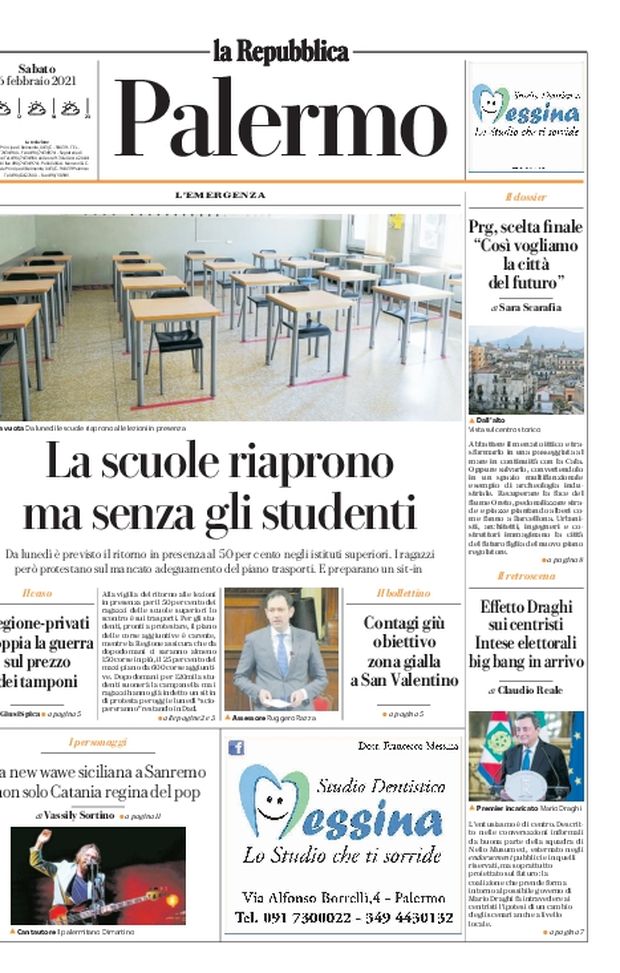 Prima Pagina, La Repubblica-Palermo: “Le scuole riaprono ma senza gli studenti. Obiettivo zona gialla a San Valentino” 