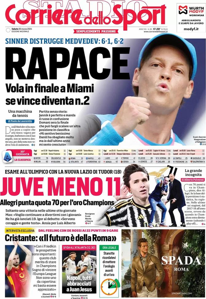 EDICOLA CDS – Esame per la nuova Lazio di Tudor. Juve, meno 11 - immagine 1