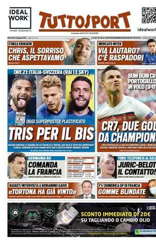 Prima Pagina, Tuttosport: “CR7, due gol da Champions. Italia, tris per il bis” 