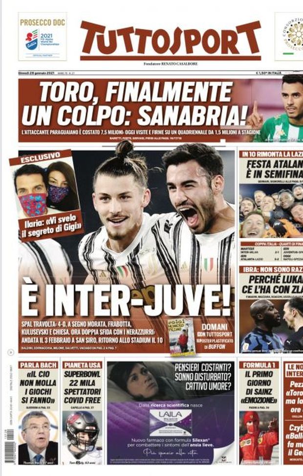 Prima Pagina, Tuttosport: “È Inter-Juve! Toro, colpo Sanabria! Perché Lukaku ce l’ha con Zlatan” 