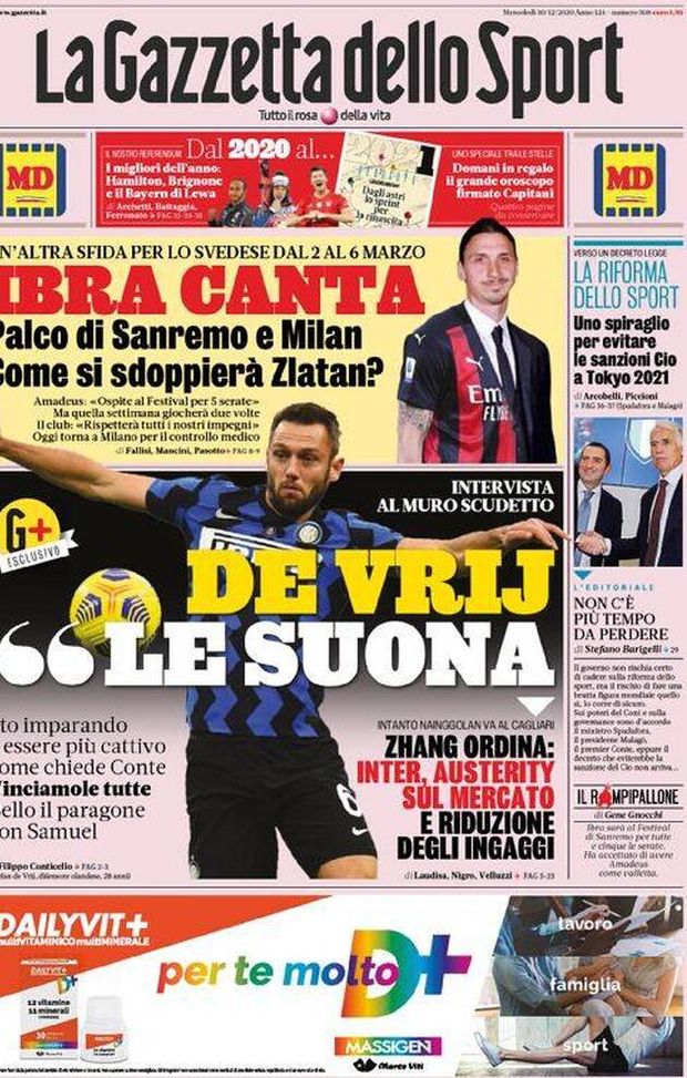Gazzetta dello Sport, la prima pagina di oggi, mercoledì 30 dicembre 2020 