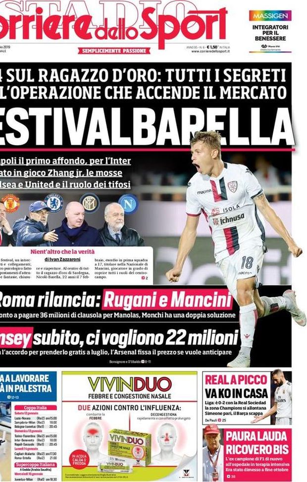 Prima Pagina, Corriere dello Sport: “FestivalBarella. La Roma rilancia. Ramsey subito. Real a picco…” Prima Pagina, Corriere dello Sport: “FestivalBarella. La Roma rilancia. Ramsey subito. Real a picco…”