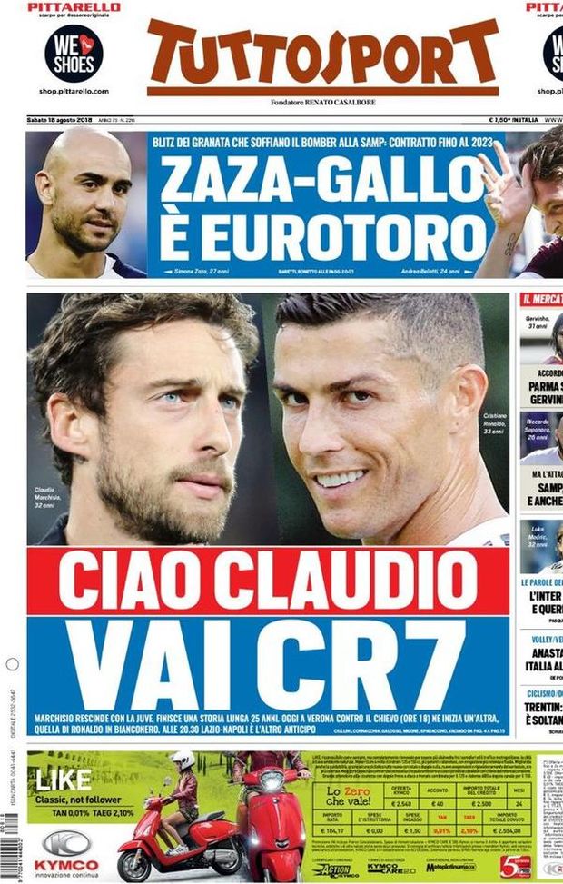 Prima Pagina, Tuttosport: “Ciao Claudio, vai CR7. Zaza-Gallo, è EuroToro. Parma scatenato, Gervinho è il top. L’Inter querela Tebas…” Prima Pagina, Tuttosport: “Ciao Claudio, vai CR7. Zaza-Gallo, è EuroToro. Parma scatenato, Gervinho è il top. L’Inter querela Tebas…”