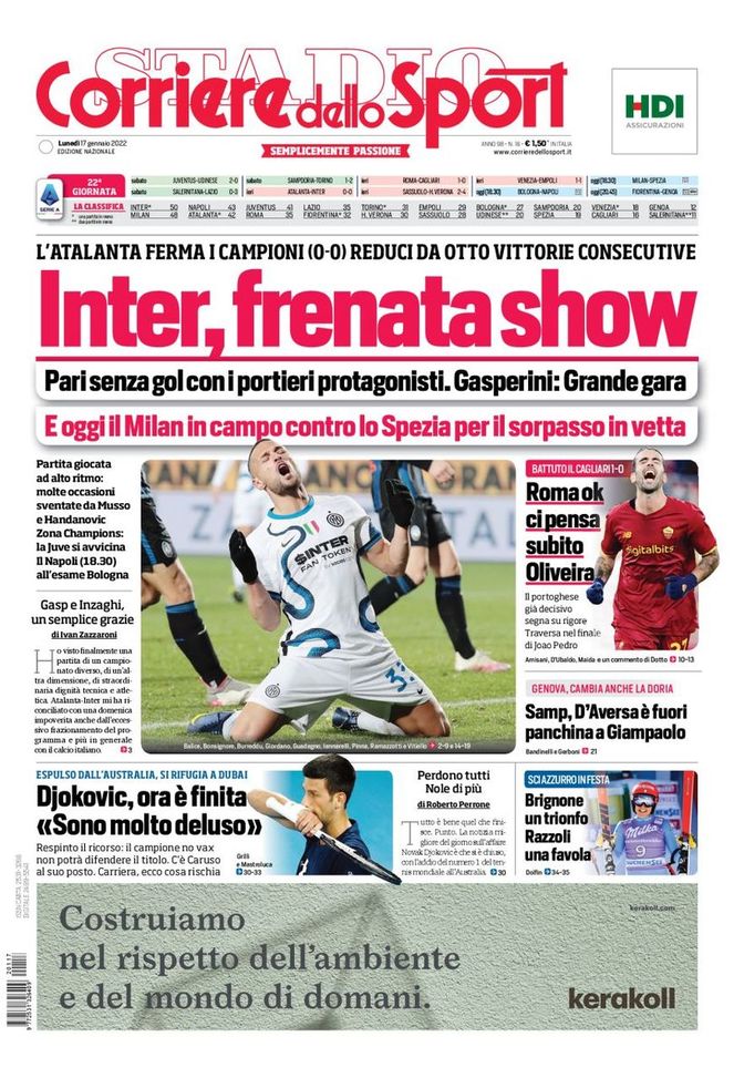 Prima Pagina, Corriere dello Sport: “Inter, frenata show. Oggi il Milan per il sorpasso” Prima Pagina, Corriere dello Sport: “Inter, frenata show. Oggi il Milan per il sorpasso” - immagine 1