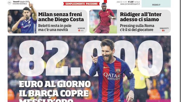 Prima Pagina, Corriere dello Sport: “Milan senza freni, anche Diego Costa. Juve in Spagna, è Iniesta il sogno” Prima Pagina, Corriere dello Sport: “Milan senza freni, anche Diego Costa. Juve in Spagna, è Iniesta il sogno”