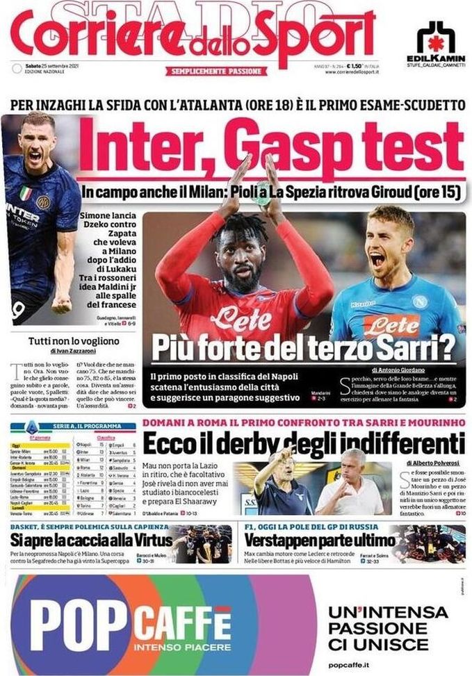 Prima Pagina, Corriere dello Sport: “Inter, Gasp test. Napoli, più forte del terzo Sarri?” 