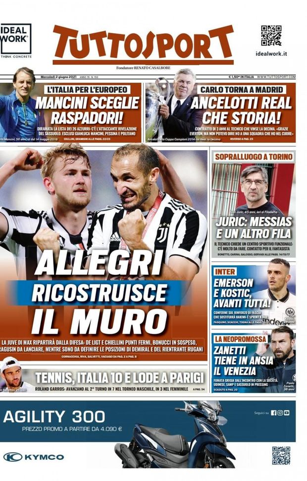 Prima Pagina, Tuttosport: “Allegri ricostruisce il muro. Inter: Emerson e Kostic, avanti tutta!” Prima Pagina, Tuttosport: “Allegri ricostruisce il muro. Inter: Emerson e Kostic, avanti tutta!”