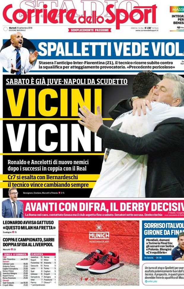 Prima Pagina, Corriere dello Sport: “Vicini vicini. Avanti con DiFra, derby decisivo. Spalletti vede viola…” Prima Pagina, Corriere dello Sport: “Vicini vicini. Avanti con DiFra, derby decisivo. Spalletti vede viola…”