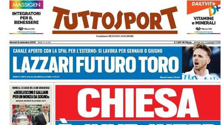 Prima Pagina, Tuttosport: “Chiesa, è Juve-Inter. Lazzari futuro Toro. Parte la Nations League…” Prima Pagina, Tuttosport: “Chiesa, è Juve-Inter. Lazzari futuro Toro. Parte la Nations League…”