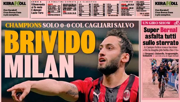 Prima Pagina, La Gazzetta dello Sport: &#8220;Brivido Milan. Deve battere l&#8217;Atalanta, Juve pronta al sorpasso&#8221;