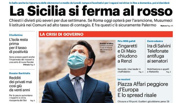 Prima Pagina, Giornale di Sicilia: &#8220;La Sicilia si ferma al rosso, chiesti divieti severi per due settimane&#8221; 