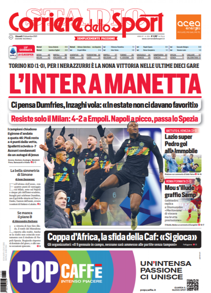 Prima Pagina, Corriere dello Sport: “L’Inter a manetta. Resiste solo il Milan”- immagine 1