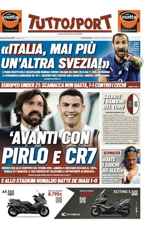 Prima Pagina, Tuttosport: “Avanti con Pirlo e CR7. Italia, mai più un’altra Svezia!” 