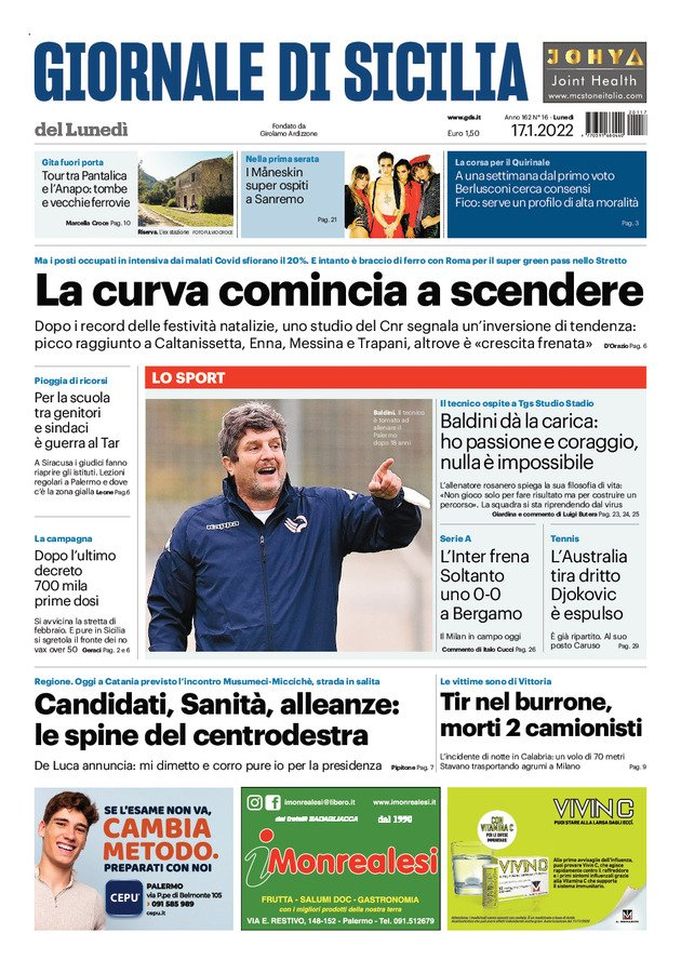 Prima Pagina, Giornale di Sicilia: “La curva comincia a scendere. Baldini dà la carica”  Prima Pagina, Giornale di Sicilia: “La curva comincia a scendere. Baldini dà la carica” - immagine 1
