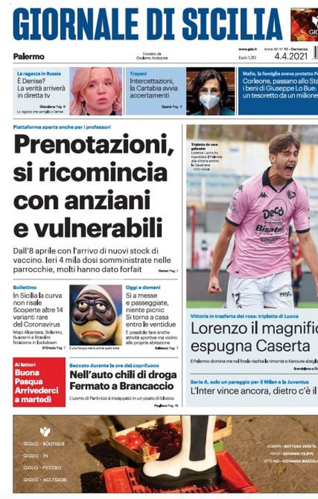 Prima Pagina, Giornale di Sicilia: “Lorenzo il magnifico espugna Caserta. L’Inter vince ancora” 