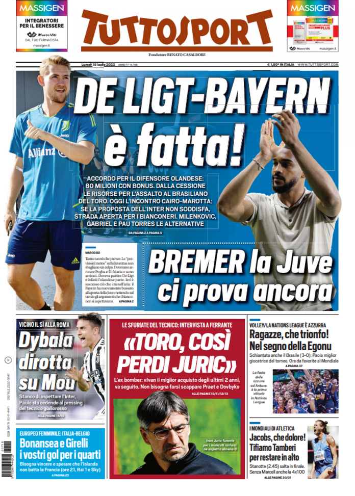 Prima Pagina Tuttosport “de Ligt Bayern è Fatta ” Pianeta Milan