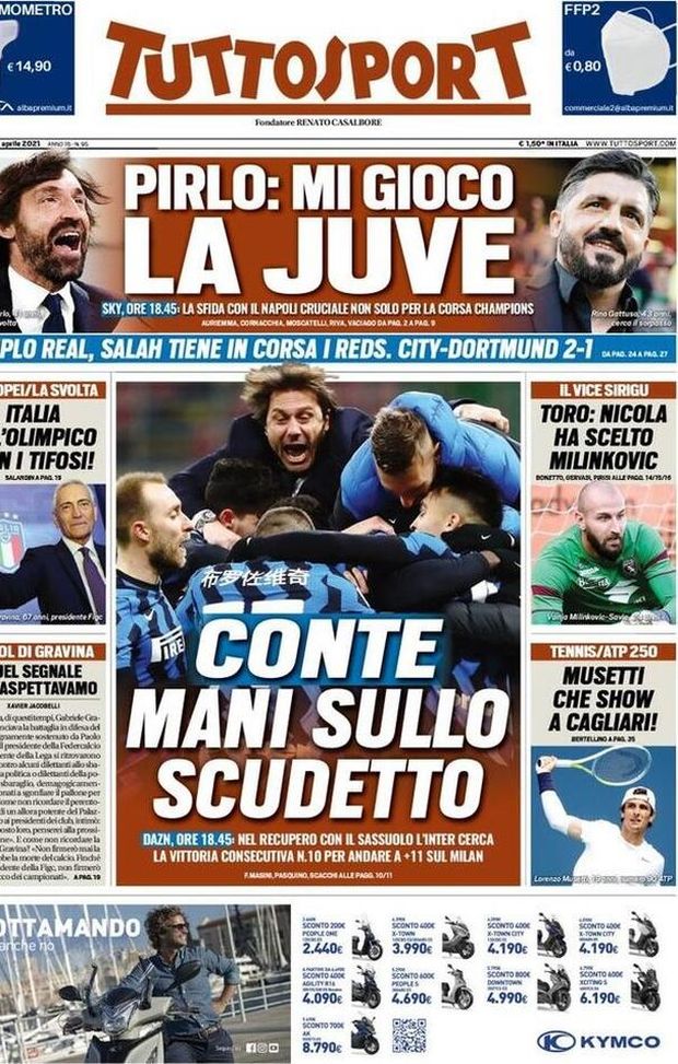 Prima Pagina, Tuttosport: “Pirlo, mi gioco la Juve. Conte, mani sullo scudetto. Triplo Real, Salah tiene in corsa i Reds” 