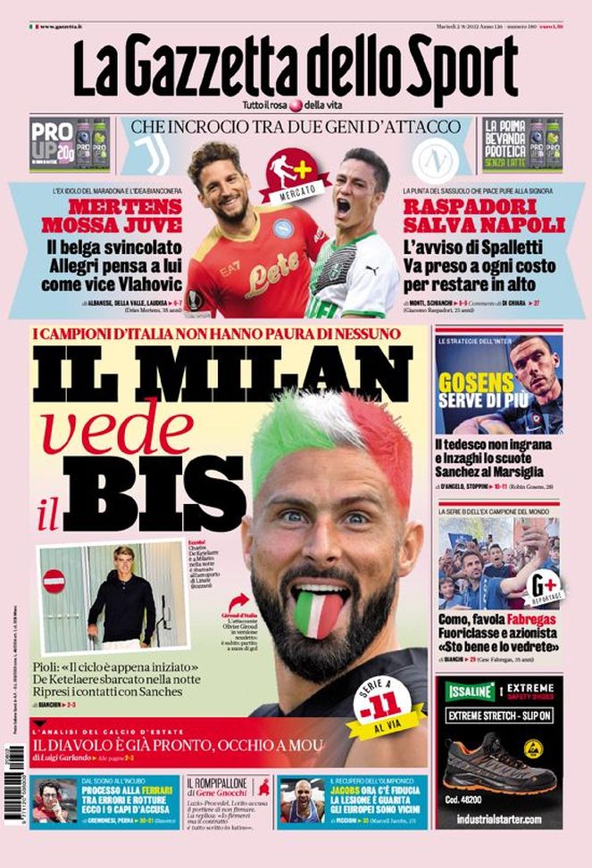 La Gazzetta dello Sport, la prima pagina di oggi, martedì 2 agosto 2022