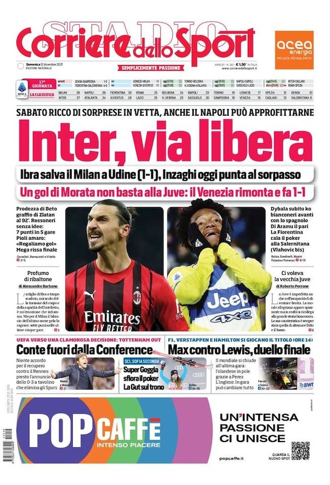Prima Pagina, Corriere dello Sport: “Inter, via libera. Ibra salva il Milan” Prima Pagina, Corriere dello Sport: “Inter, via libera. Ibra salva il Milan” - immagine 1
