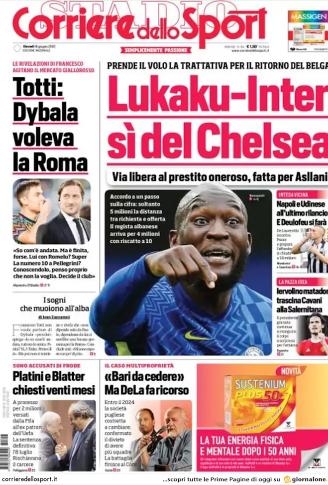 Prima Pagina, Corriere dello Sport: “Lukaku-Inter. Totti, Dybala voleva la Roma”- immagine 2