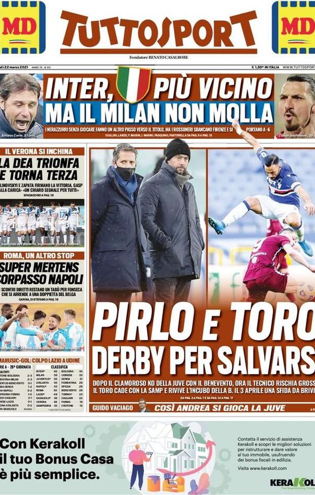 Prima Pagina, Tuttosport: &#8220;Pirlo e Toro, derby per salvarsi. Super Mertens, sorpasso Napoli&#8221; 