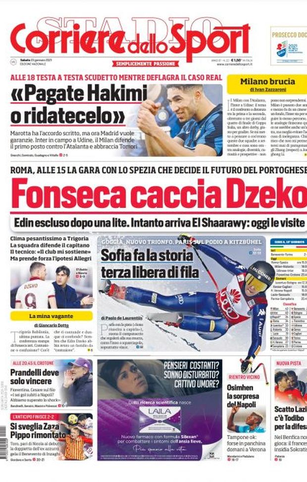 Prima Pagina, Corriere dello Sport: “Fonseca caccia Dzeko. Pagate Hakimi o ridatecelo” 