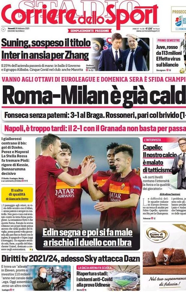 Prima Pagina, Corriere dello Sport: “Roma-Milan è già calda. Diritti tv 2021/24, adesso Sky attacca Dazn” Prima Pagina, Corriere dello Sport: “Roma-Milan è già calda. Diritti tv 2021/24, adesso Sky attacca Dazn”