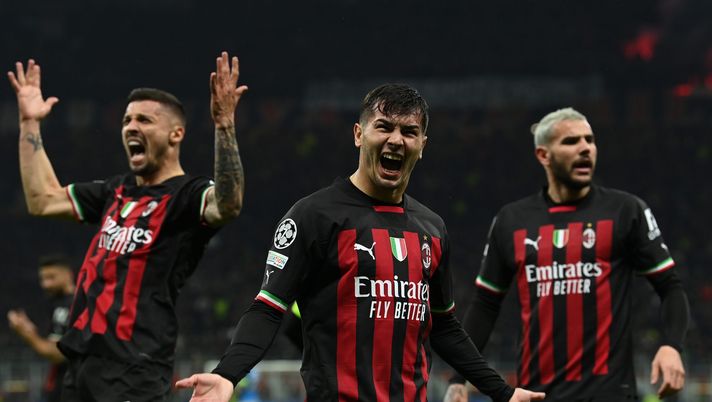 MILAN, ITALY - APRIL 12: Brahim Diaz of AC Milan celebrates with team-mates after scoring the goal during the UEFA Champions League quarterfinal first leg match between AC Milan and SSC Napoli at Giuseppe Meazza Stadium on April 12, 2023 in Milan, Italy. (Photo by Claudio Villa/AC Milan via Getty Images) Milan-Napoli, le pagelle: Anguissa, che disastro! Di Lorenzo, gara da vero capitano - immagine 1