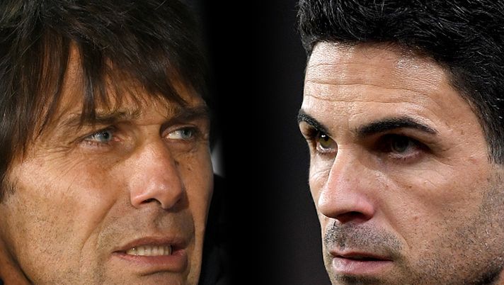 FILE PHOTO (EDITORS NOTE: COMPOSITE OF IMAGES - Image numbers 1454247750, 1441017677 - GRADIENT ADDED) In this composite image a comparison has been made between Antonio Conte, Manager of Tottenham Hotspur (L) and Mikel Arteta, Manager of Arsenal. Tottenham Hotspur and Arsenal meet in the North London derby at the Tottenham Hotspur Stadium on January 15,2023 in London, England. ***LEFT IMAGE*** LONDON, ENGLAND - JANUARY 04: Antonio Conte, Manager of Tottenham Hotspur looks on prior to the Premier League match between Crystal Palace and Tottenham Hotspur at Selhurst Park on January 04, 2023 in London, England. (Photo by Mike Hewitt/Getty Images) ***RIGHT IMAGE*** WOLVERHAMPTON, ENGLAND - NOVEMBER 12: Mikel Arteta, Manager of Arsenal looks on prior to the Premier League match between Wolverhampton Wanderers and Arsenal FC at Molineux on November 12, 2022 in Wolverhampton, England. (Photo by Harriet Lander/Getty Images) Kulusevski e Bentancur: Conte sfoglia la margherita pre-derby - immagine 1